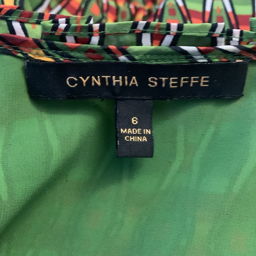 Cynthia Steffe Size 6 100% Silk Sleeveless Green Orange Dress Tiered Ruffles - Picture 2 of 13